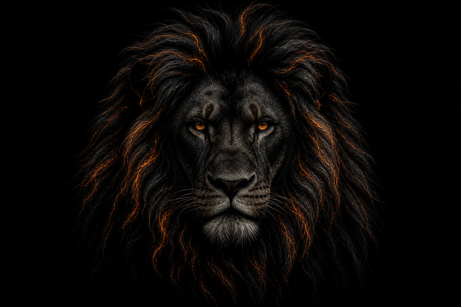 León negro con vetas naranja en la melena
